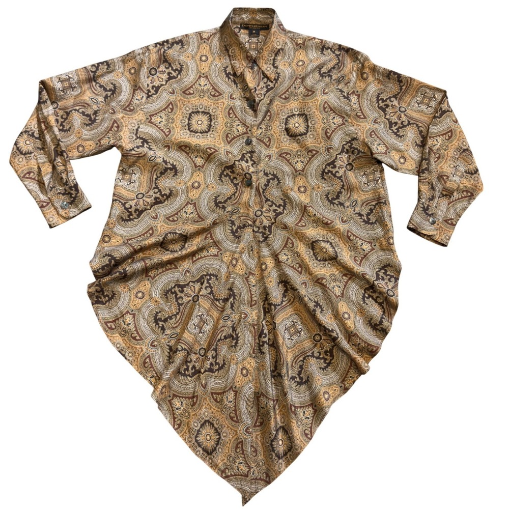 Donna Karan Intimates Silk Paisley Handkerchief Hem Button Down Shirt Brown M